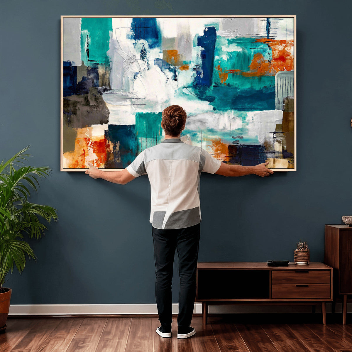 Blue Teal Abstract Canvas Wall Art, Modern Brushstroke Style Print, Navy Orange Contemporary Decor