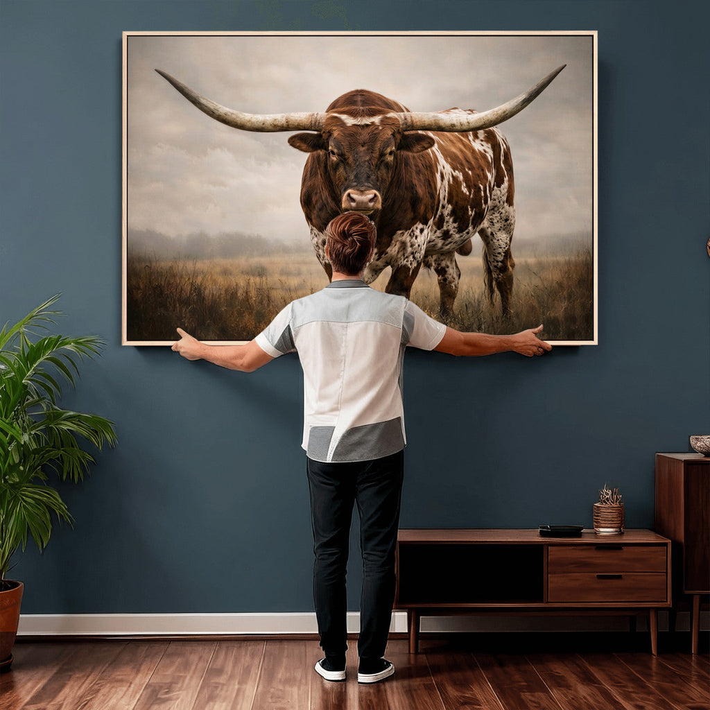 Texas Longhorn Wall Art Canvas Print | Brown Horned Bull Rustic Western Decor
