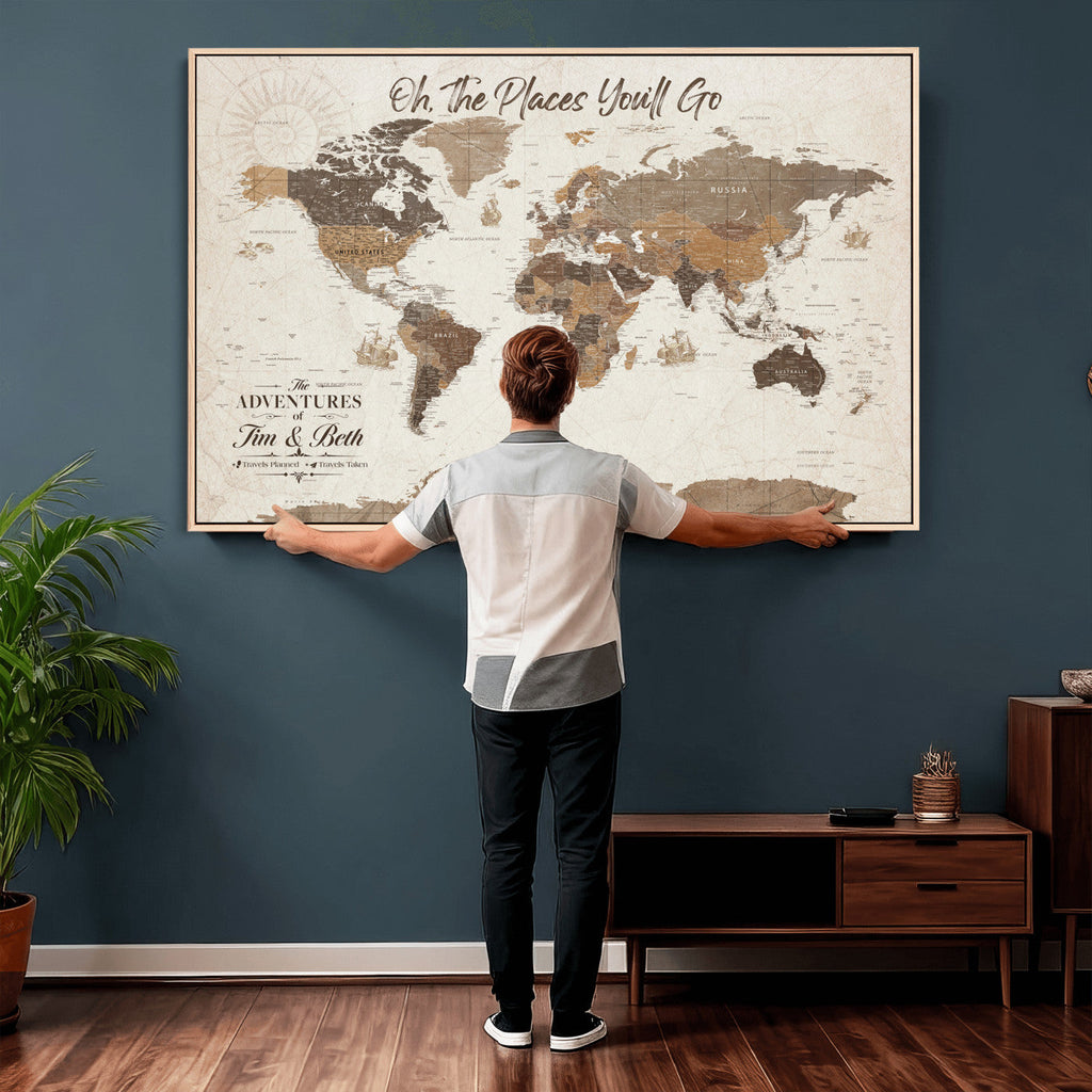 Personalized Beige Geometric Family Push Pin World Map Canvas Print, Honeymoon and Anniversary Gift, Living Room and Study Decor