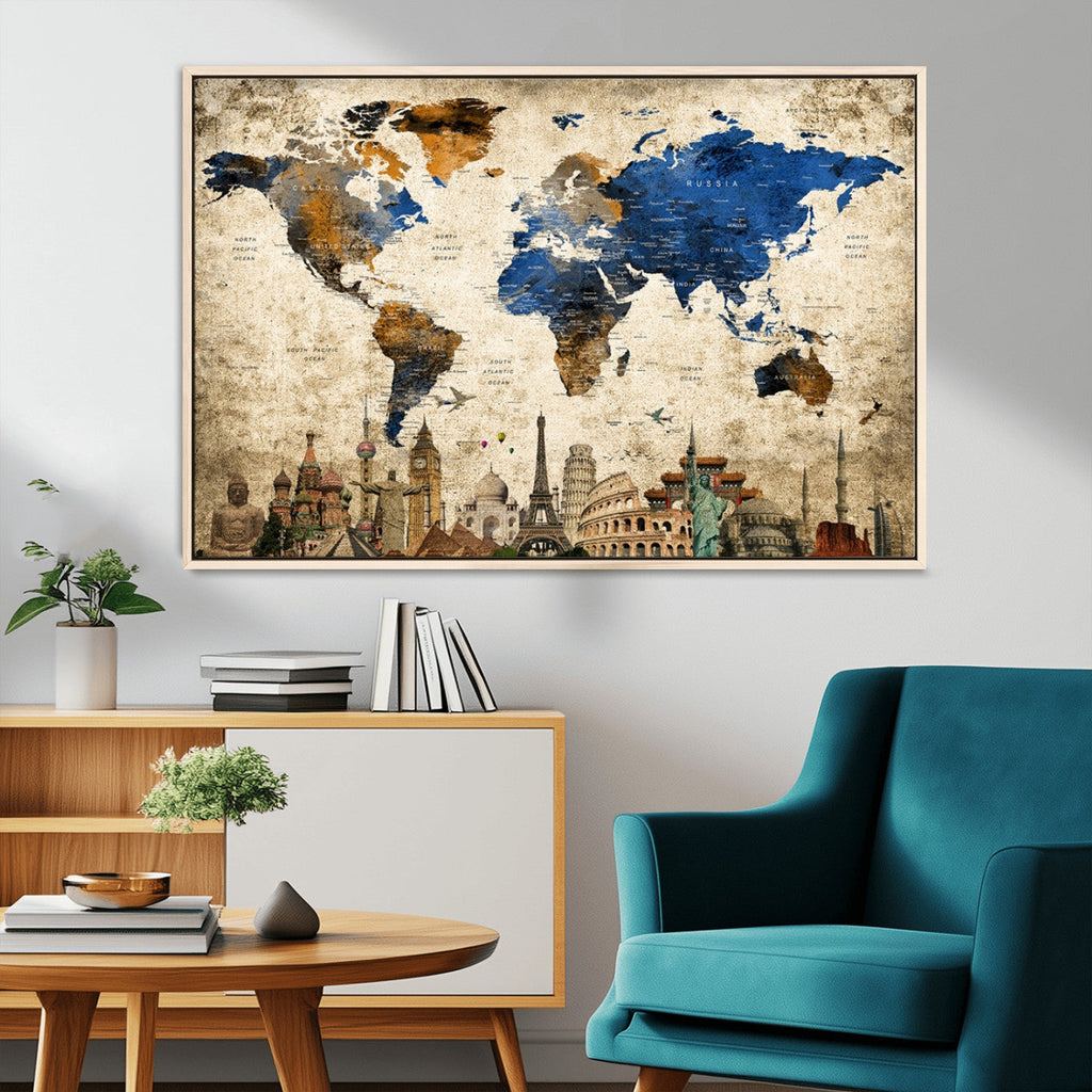 World Map Canvas Print | Vintage Blue and Gold World Map Wall Art