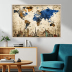 World Map Canvas Print | Vintage Blue and Gold World Map Wall Art