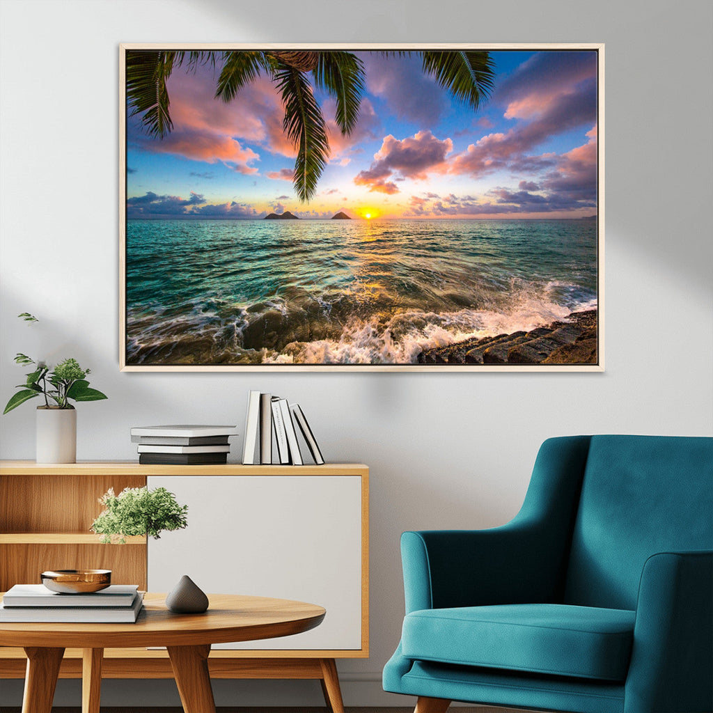 Framed Tropical Sunset Art Canvas Print