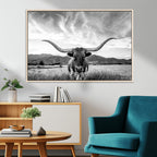 Longhorn Black and White Wall Art | Rustic Western Bull Canvas Print