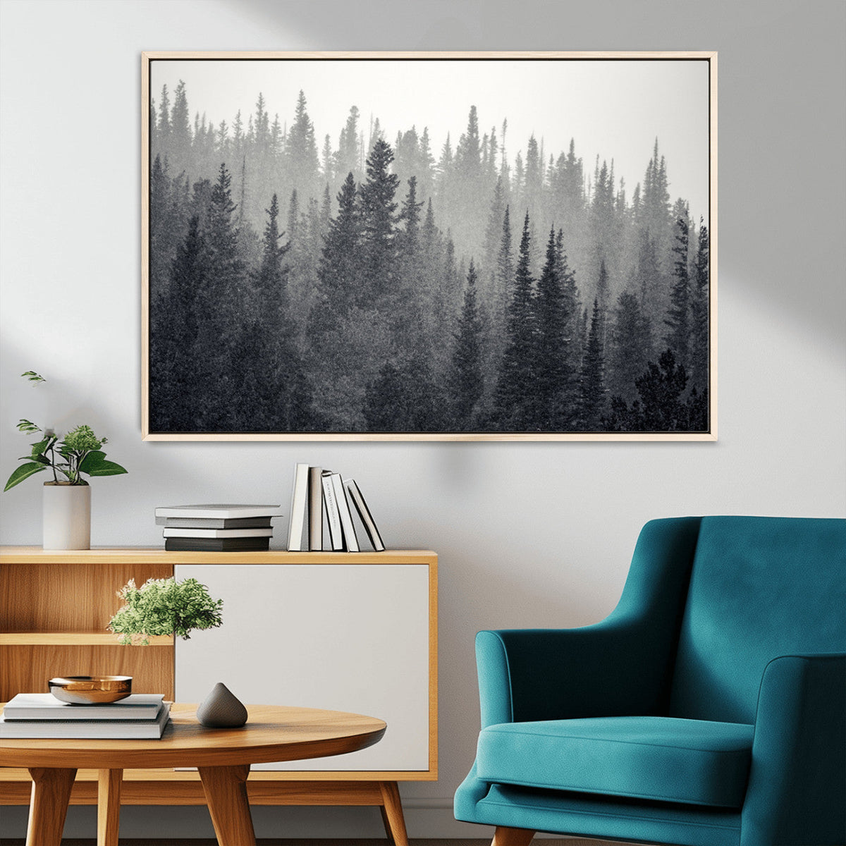 Misty Forest Canvas Wall Art | Monochrome Triptych Pine Tree Print