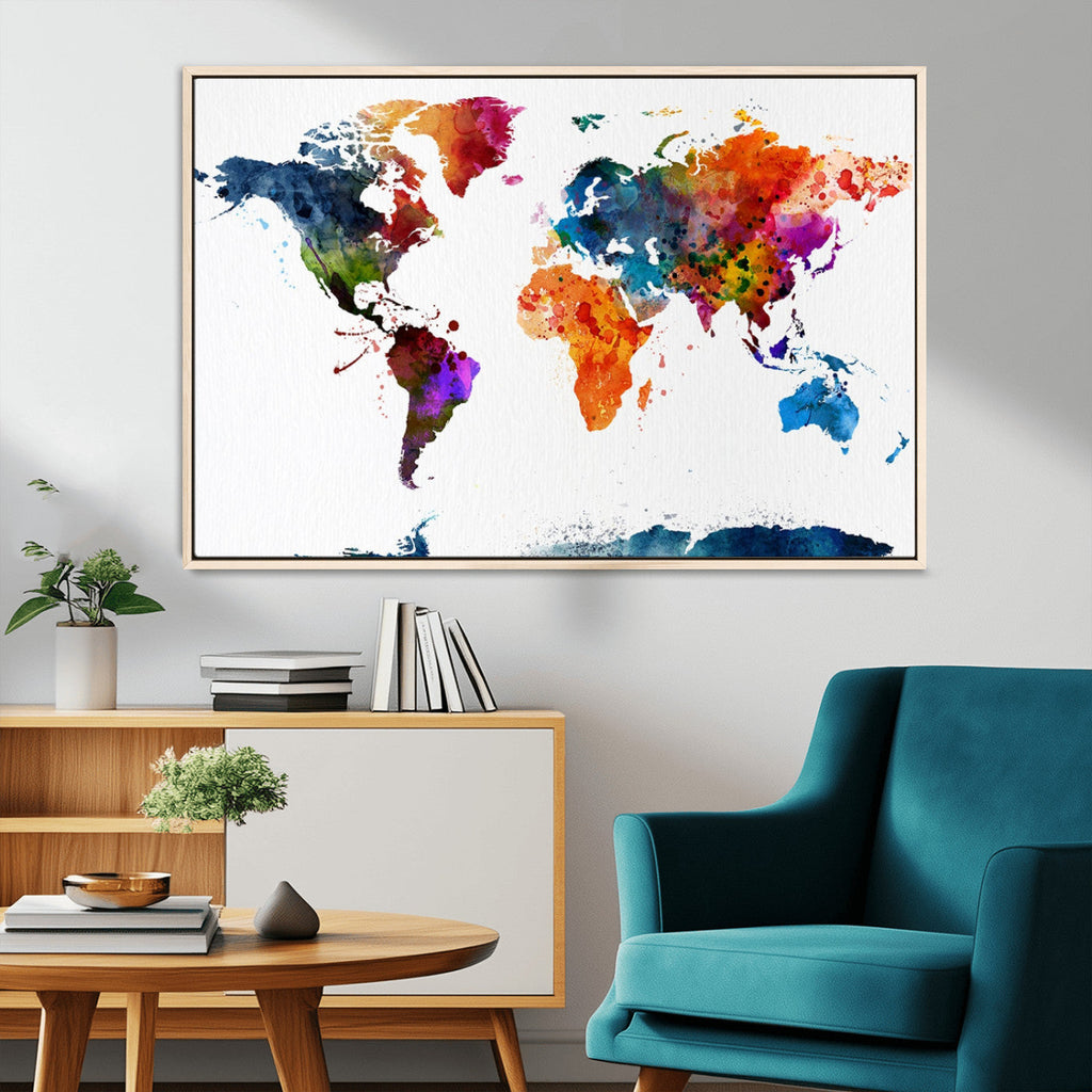 Bold Colorful World Map Canvas Print | Detailed Map of the World Wall Art