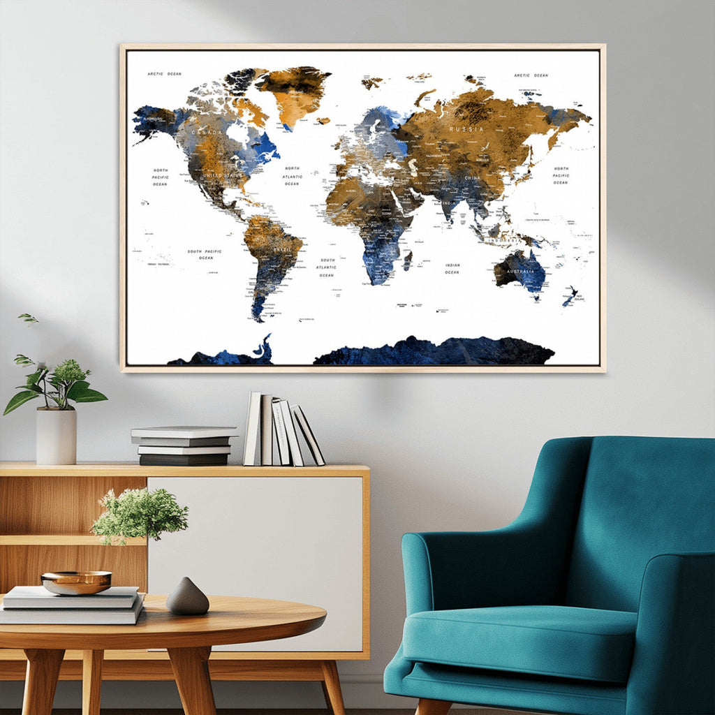 Modern Abstract World Map Canvas Wall Art | Framed Blue and Gold Map Print