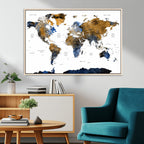 Modern Abstract World Map Canvas Wall Art | Framed Blue and Gold Map Print