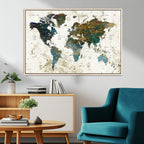 Vintage World Map Wall Art Canvas Print, Framed Rustic Earth Tone Map