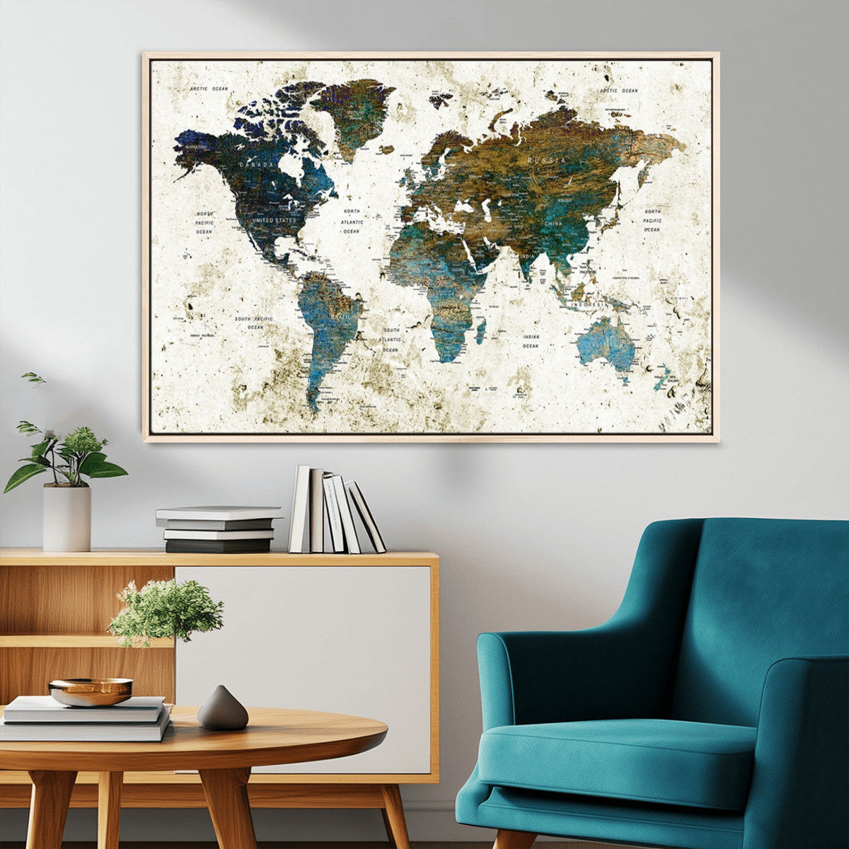 Vintage World Map Wall Art Canvas Print, Framed Rustic Earth Tone Map