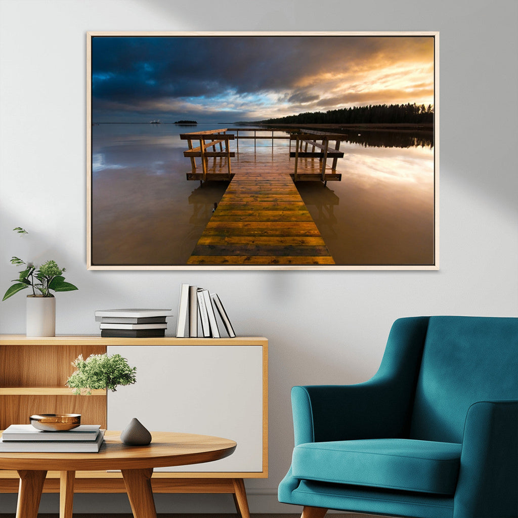 Serene Lake Pier at Sunset Canvas Print | Landscape Wall Art | Ready to Hang