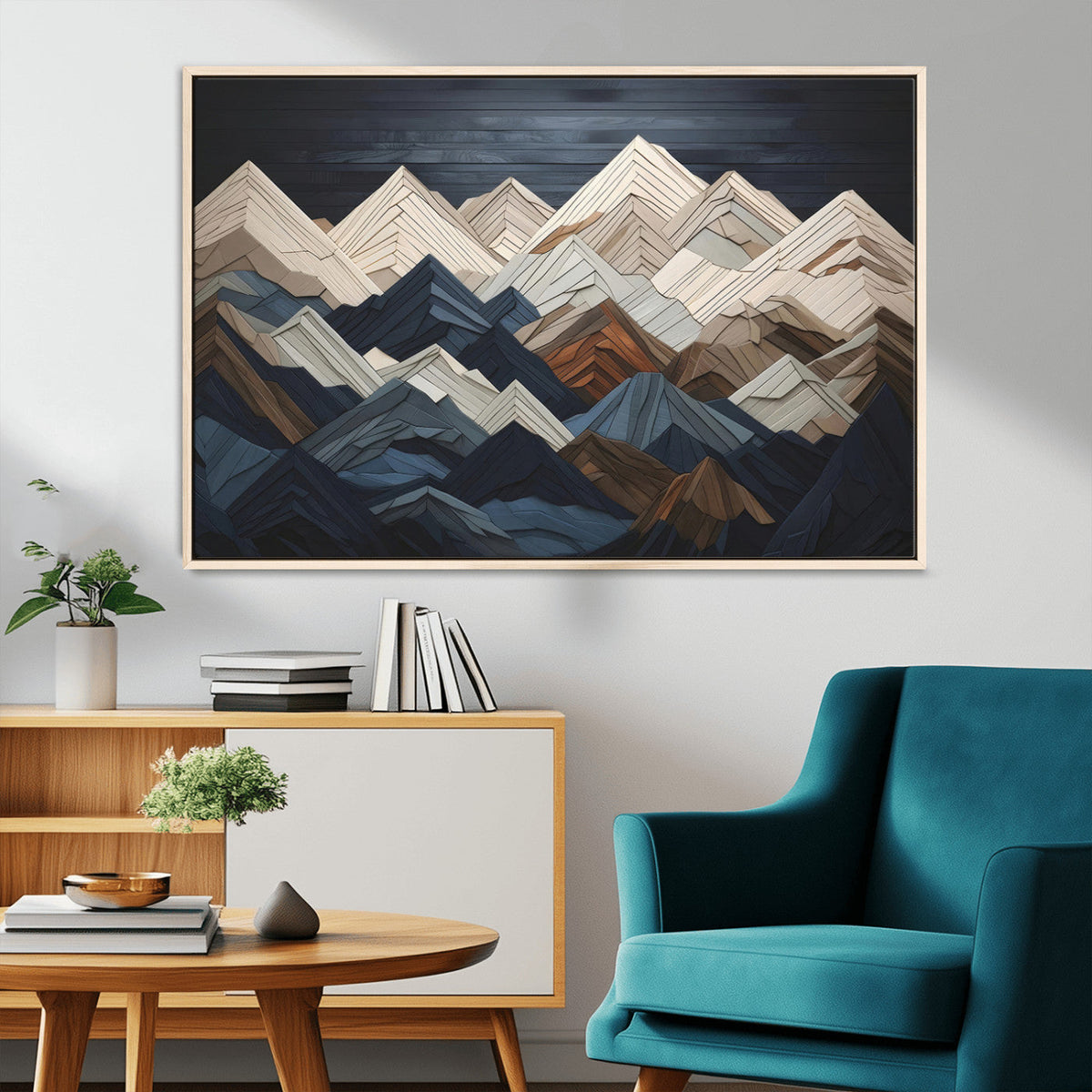 Rustic Mountain Landscape Wall Art Canvas Print, Framed 3D Wooden Effect Mountain Art