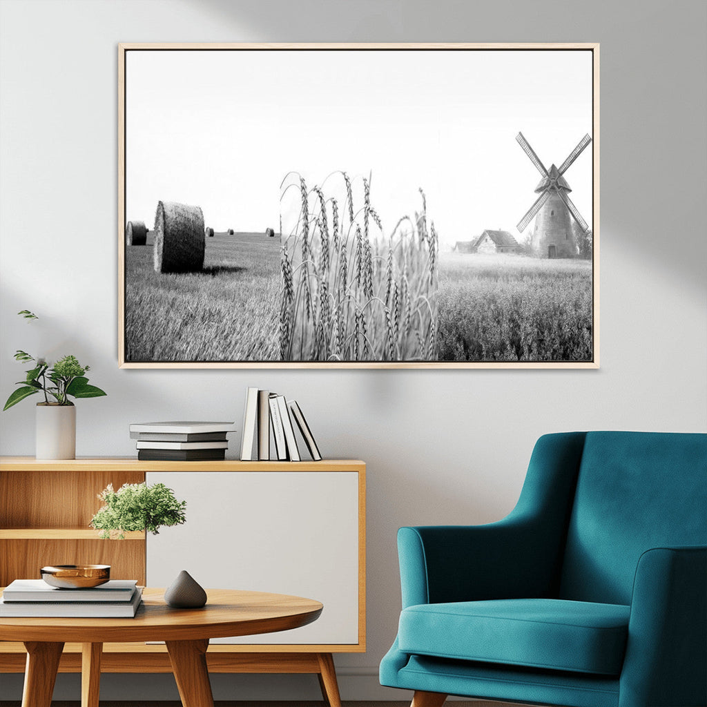 Vintage Farmhouse Black and White Triptych Wall Art, Giclee Canvas with Wheat Fields, Hay Bales and Windmill
