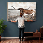 Vintage Texas Cow Wall Art Canvas Print, Rustic Longhorn
