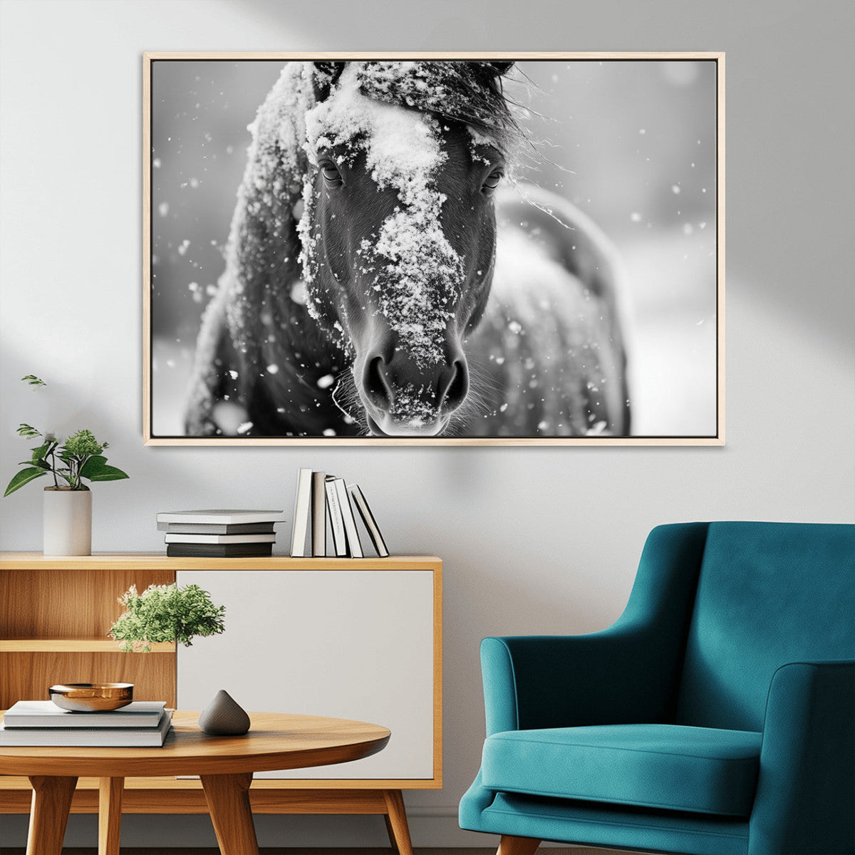 Black and White Horse Winter Wall Art, Ready to Hang