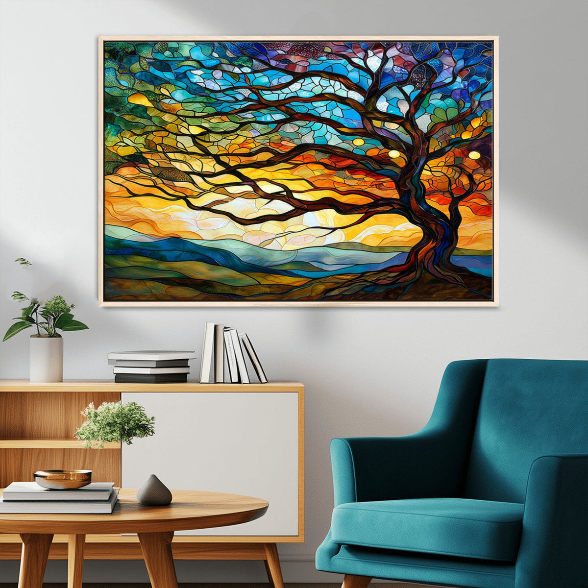 Vibrant Mosaic Tree of Life Wall Art, Stained Glass Style Canvas Print