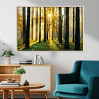 Sunlit Forest Wall Art Canvas Print, Large Framed Woodland Scene with Golden Light