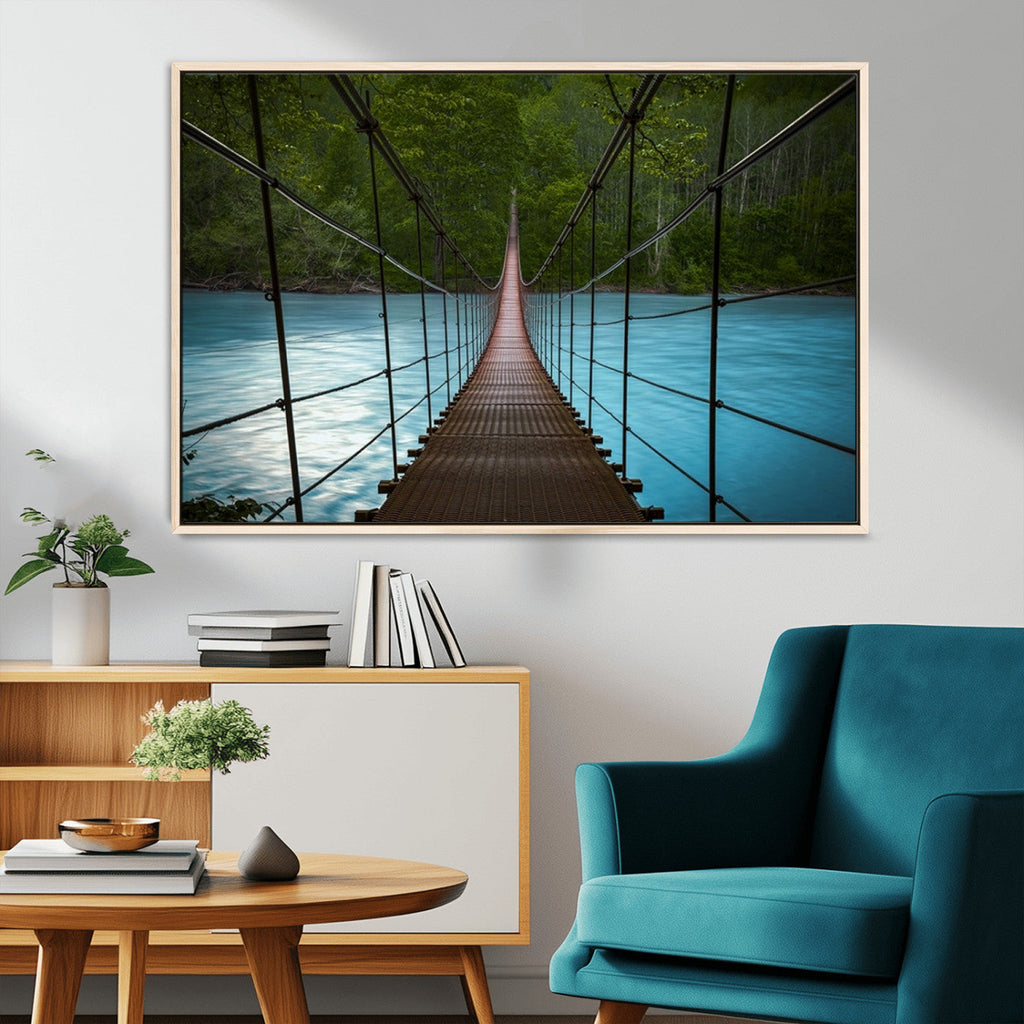 Suspension Bridge Over River Canvas Art | 3-Panel Nature Wall Art