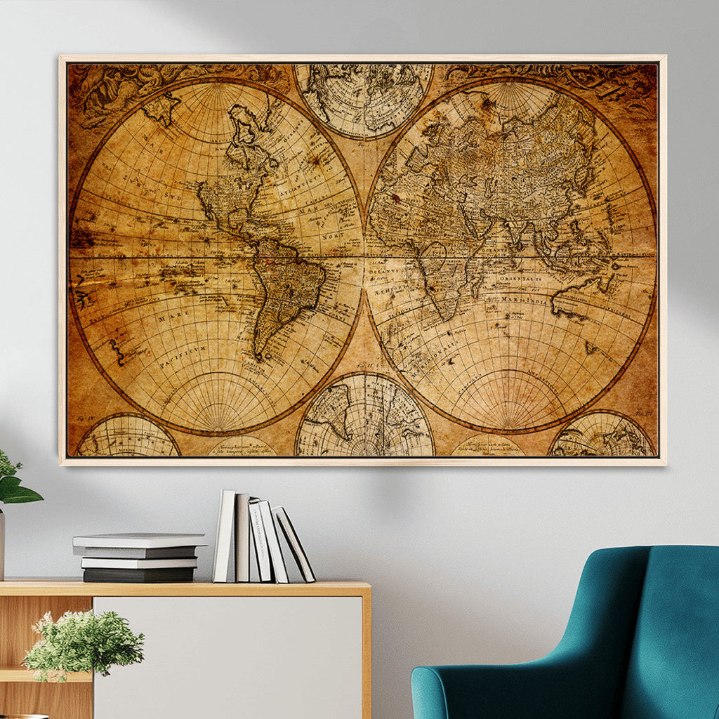 Vintage World Map Canvas Print | Antique Push Pin Travel Map