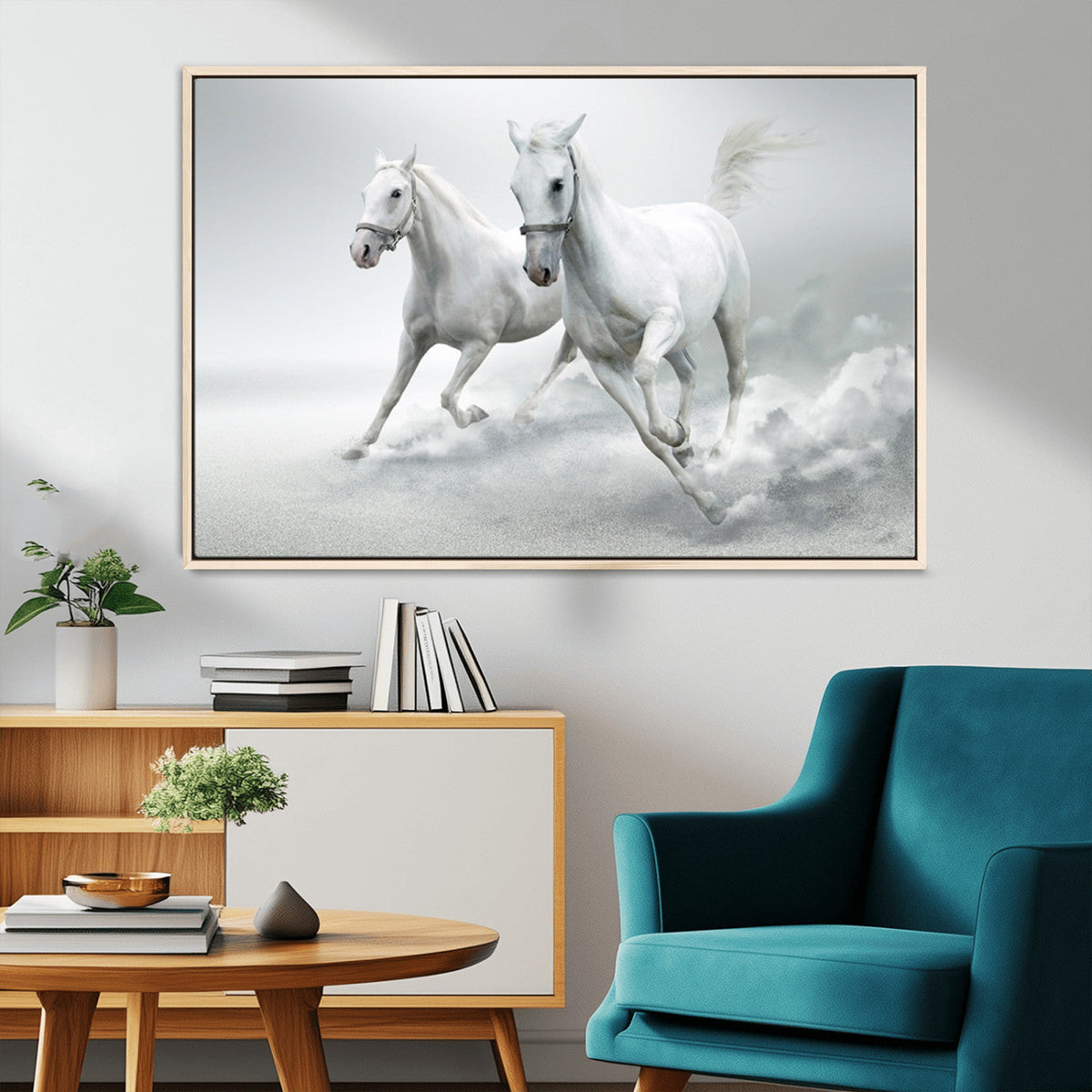 Large Wall Art Canvas Print, Beautiful Running White Horses