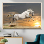 Large Wall Art Canvas Print, White Jumping Horse at Sunset