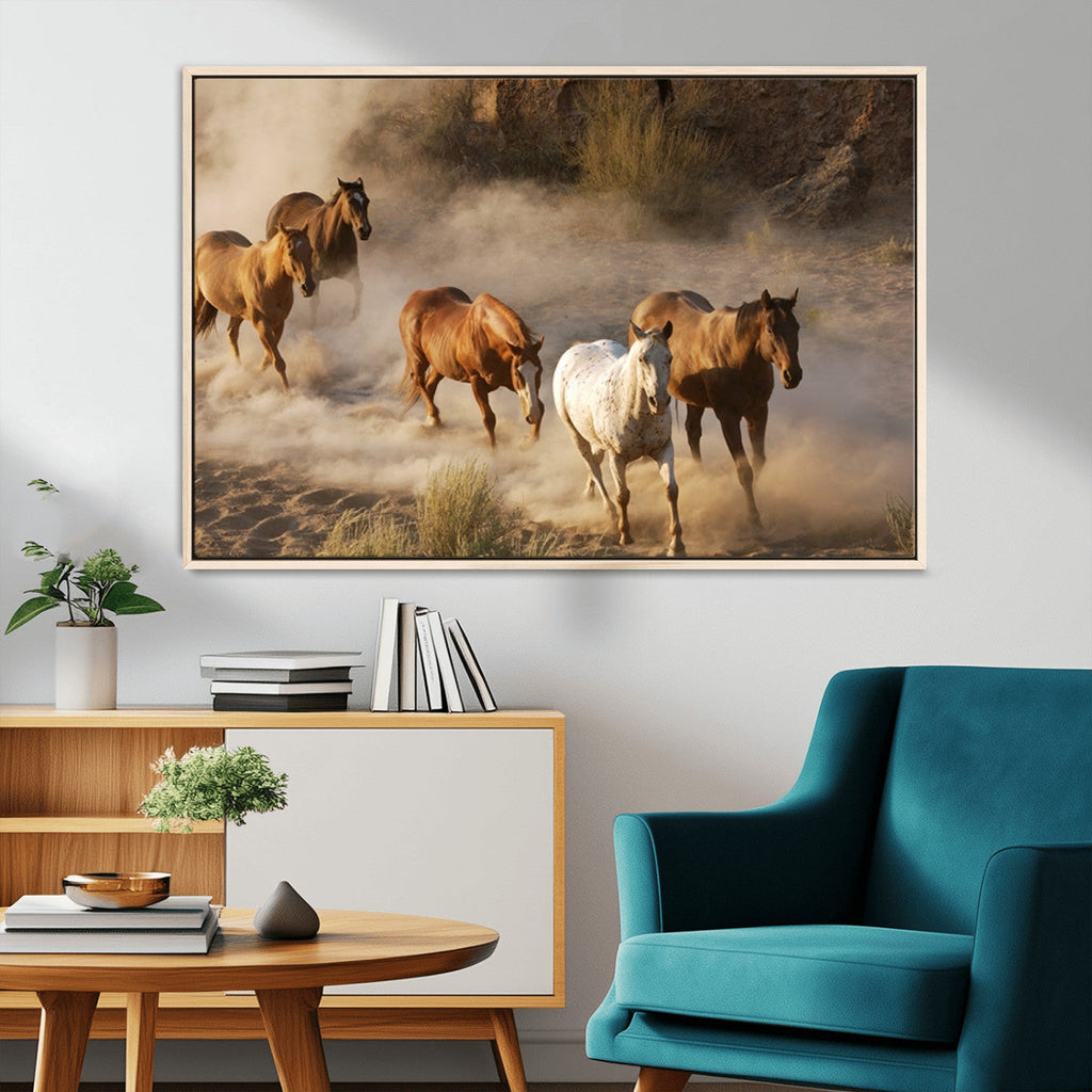 Large Wall Art 5 Horses Running on Sand Canvas Print