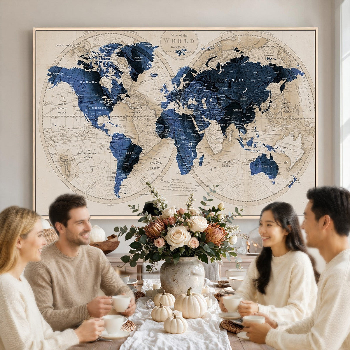 Vintage Blue World Map Canvas Wall Art | Antique Style Framed Map Print