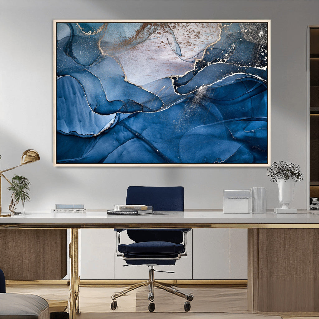 Navy Blue Canvas Art Abstract Print | Elegant Triptych Modern Art