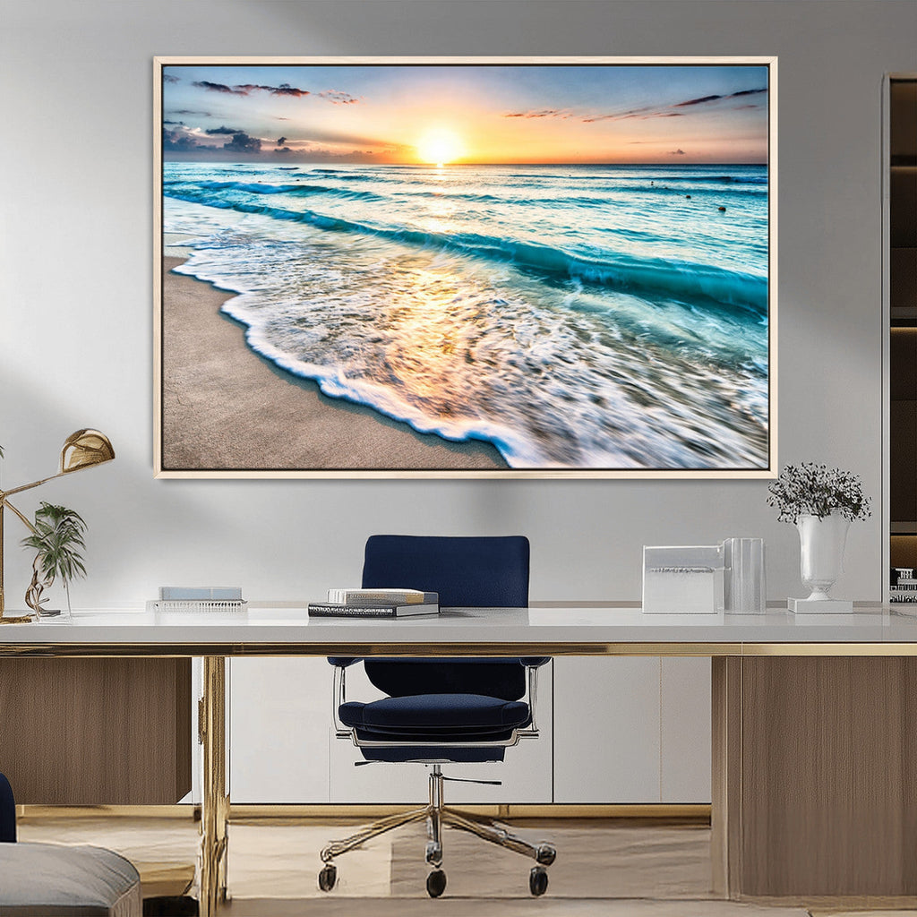 Sunset Beach Waves Canvas Wall Art | Ocean Sunset Coastal Print