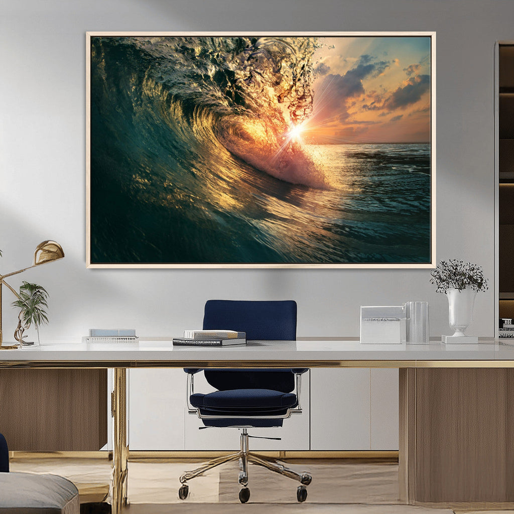 Ocean Wave Sunset Canvas Wall Art | Triptych Seascape Print