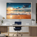 Golden Sunset Beach Triptych Canvas Art, Giclee Coastal Wall Decor, Ocean Waves Print