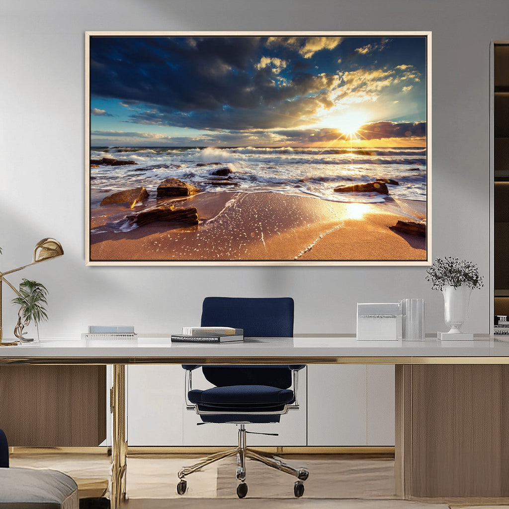 Golden Hour Beach Sunset Canvas Triptych, Ocean Waves and Rocks Wall Art