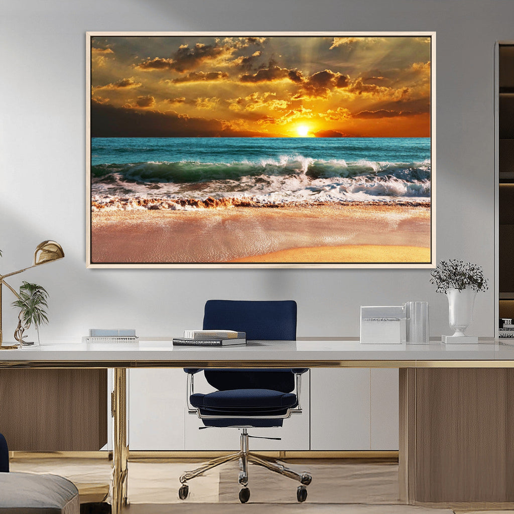 Golden Sunset Beach Canvas Wall Art | Triptych Seascape Print, Framed and Ready to Hang