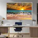 Golden Sunset Beach Canvas Wall Art | Triptych Seascape Print, Framed and Ready to Hang