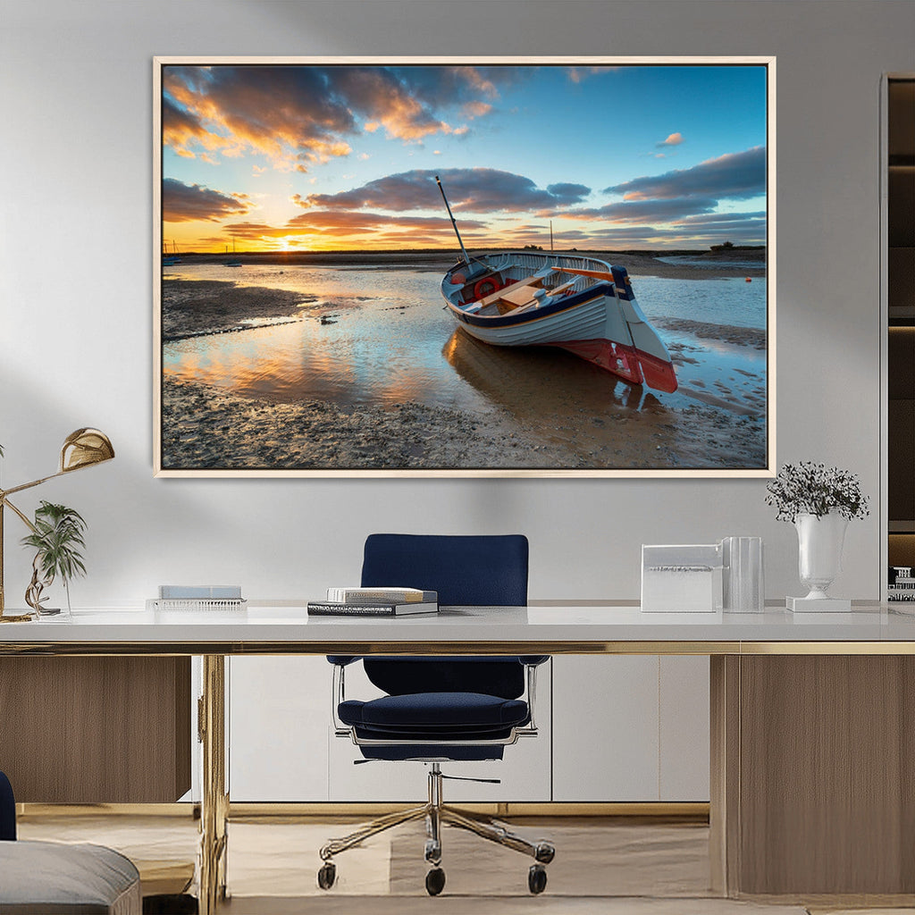 Small Boat At The Beach Sunset Wall Art, Boat Sunset Wall Art Canvas Print