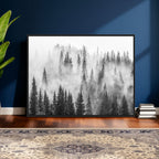 Forest Wall Art Print | Foggy Pine Forest Canvas Wall Art, Black and White Nature Decor