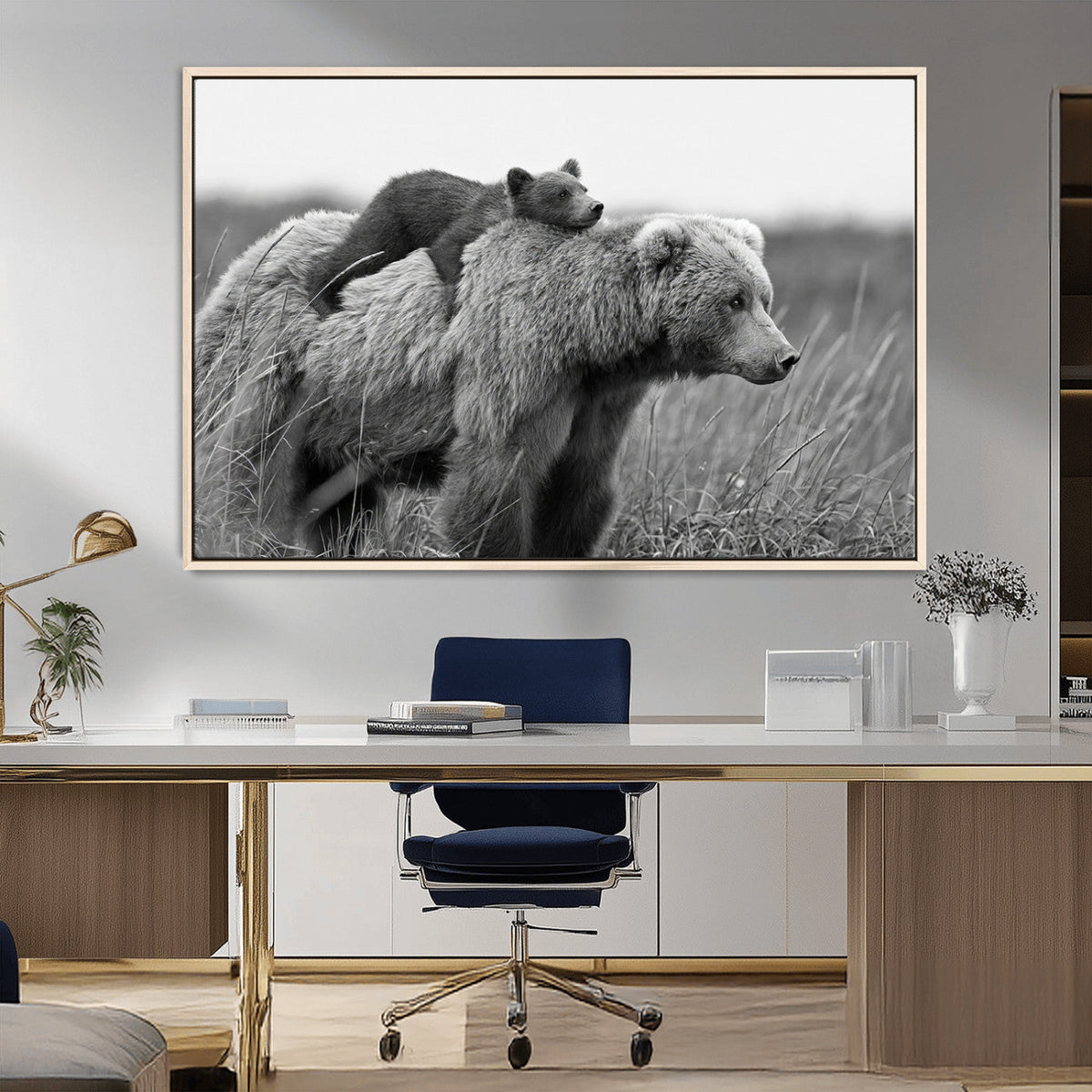 Bear and Cub Wall Art Canvas | Grizzly 399 Bear and Cub Black and White Wildlife Print