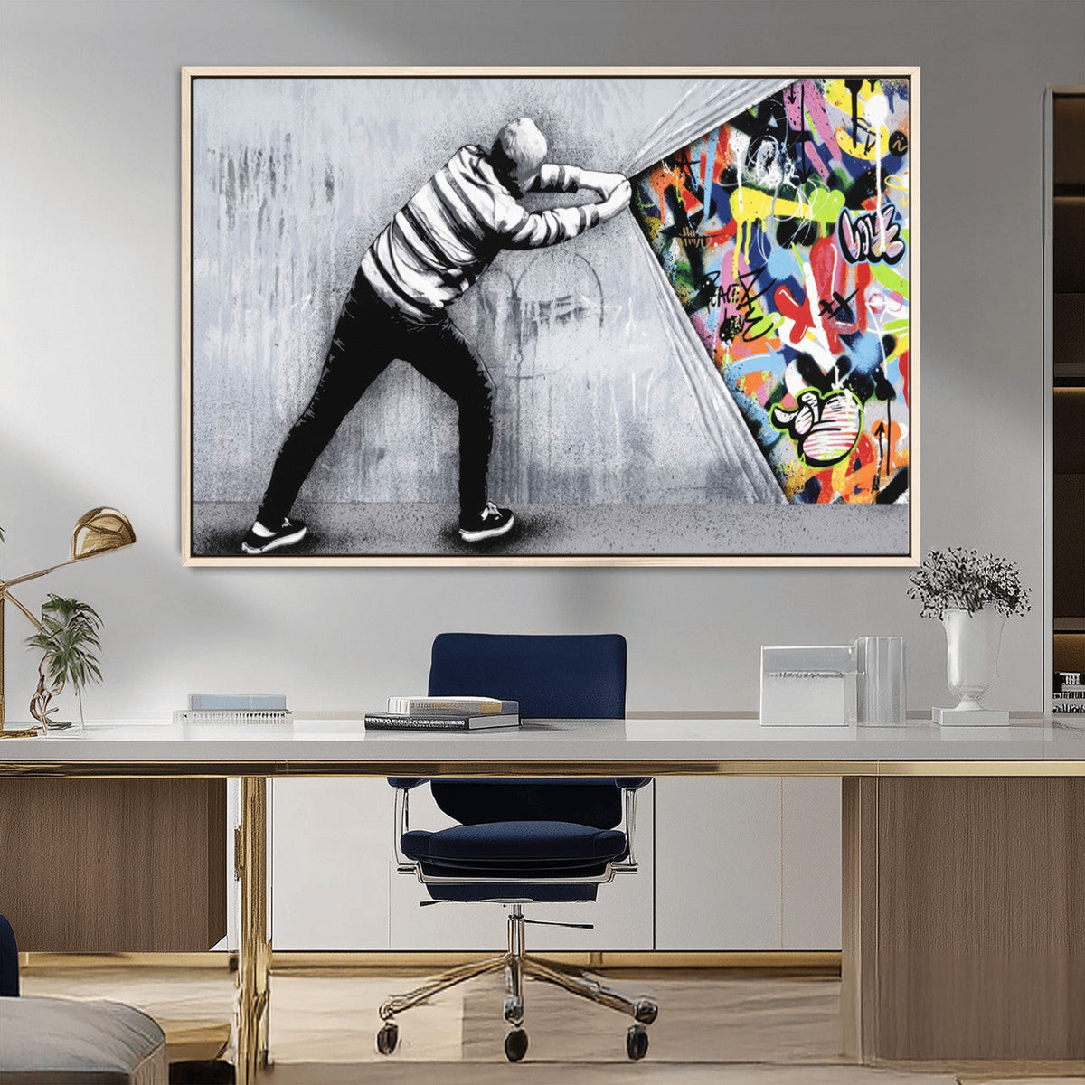 Banksy Art Behind the Curtain Street Wall Art Canvas Print | Urban Graffiti Style Wall Decor