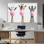 Bubblegum Animals Canvas Wall Art, Playful Giraffe and Zebra Trio, Whimsical Nursery and Kids Room Decor