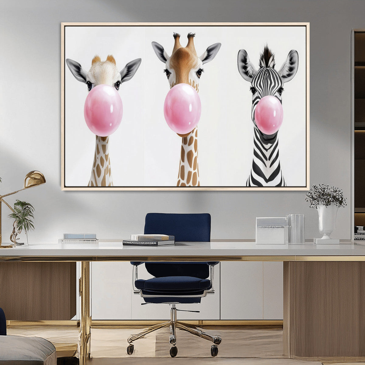 Bubblegum Animals Canvas Wall Art, Playful Giraffe and Zebra Trio, Whimsical Nursery and Kids Room Decor
