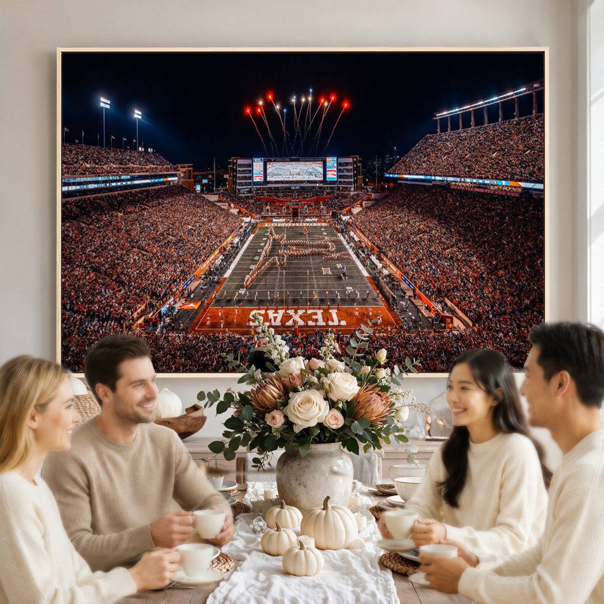 Texas Stadium Night Game Wall Art Canvas Print, Vibrant Football Fireworks Scene