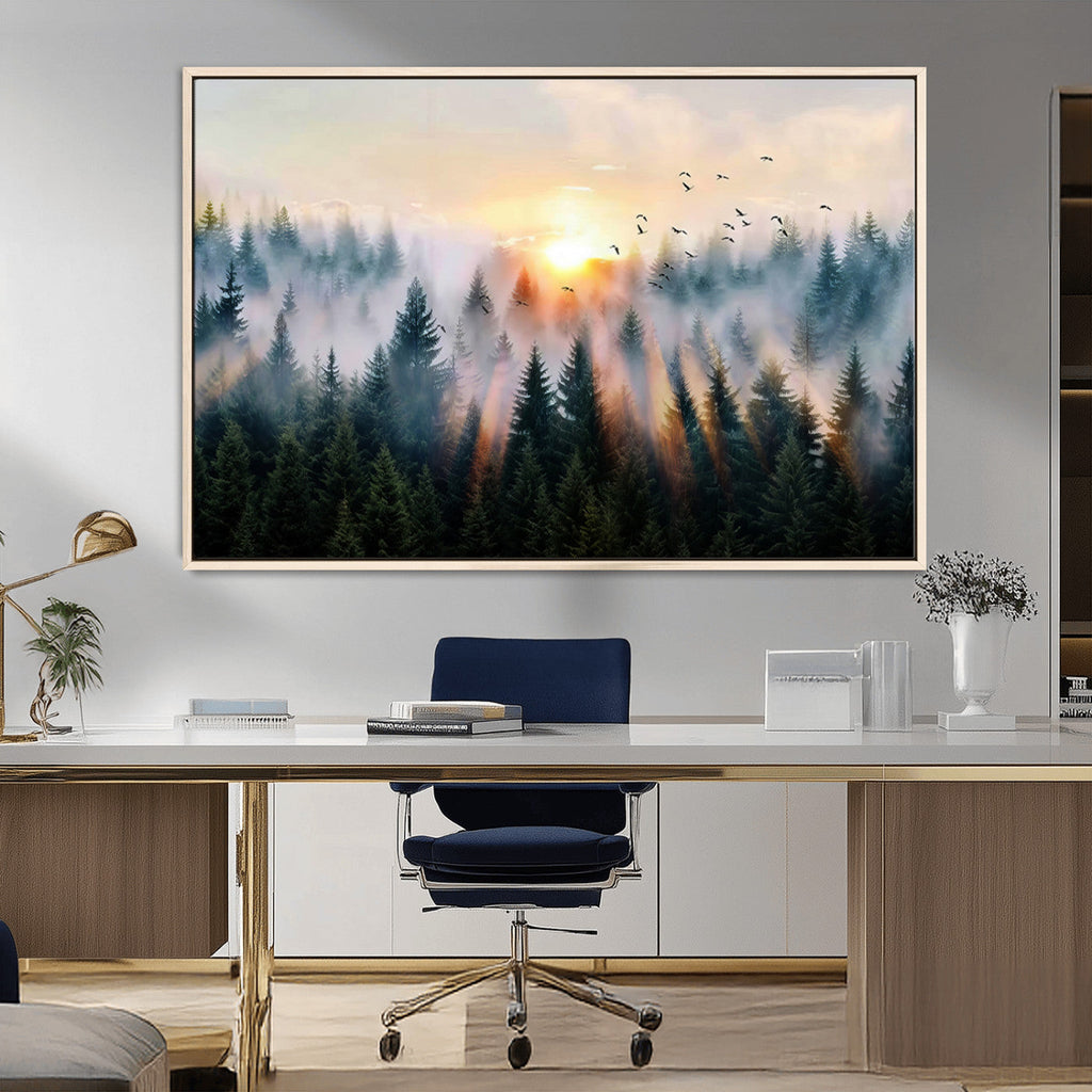 Abstract Forest Wall Art, Serene Nature Canvas Print with Misty Forest Design for Modern Home Decor
