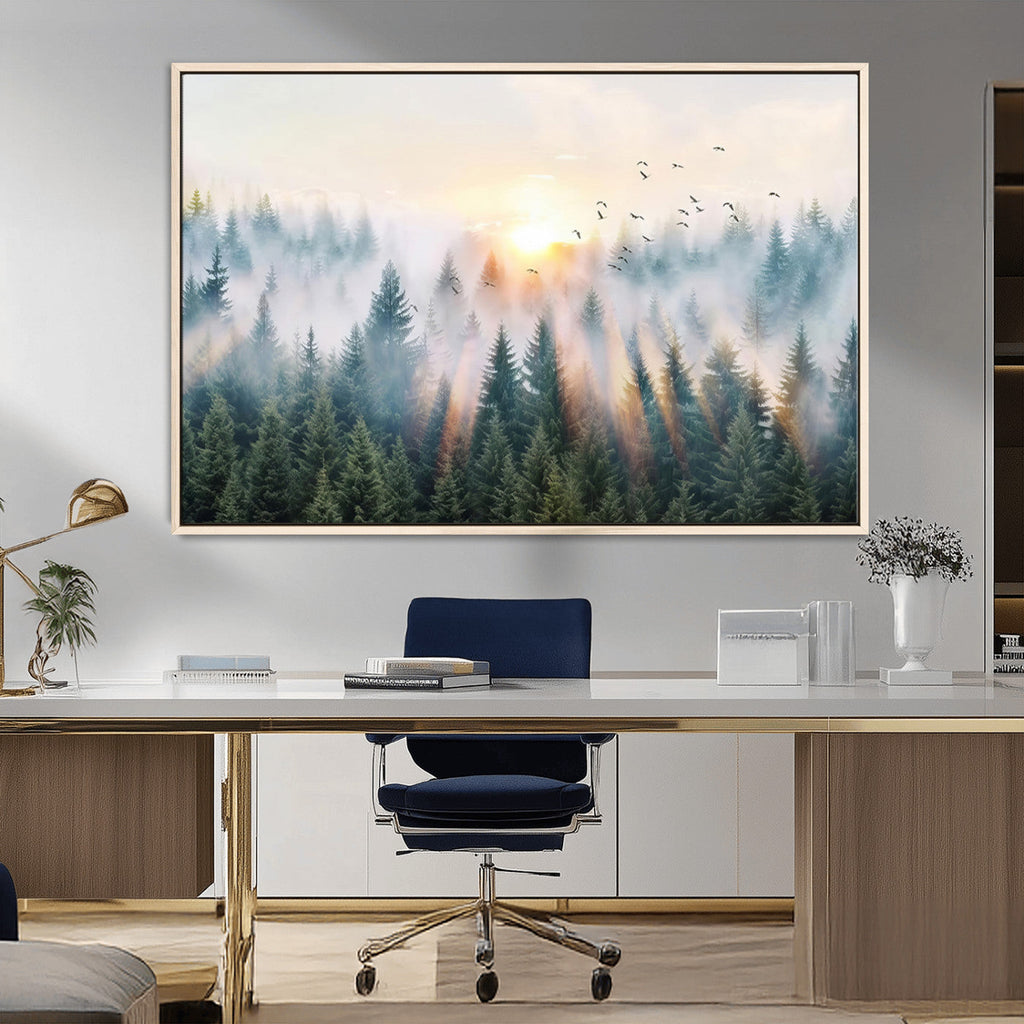 Misty Pine Forest Wall Art Canvas, Sunrise Over Foggy Trees