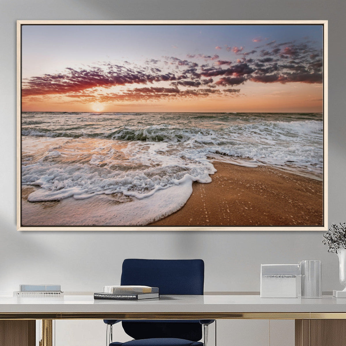 Ocean Sunset Wall Art Canvas Print | Sandy Shore and Gentle Waves