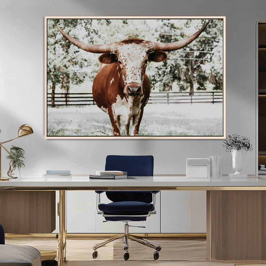 Texas Longhorn Wall Art Canvas Print | Framed Spotted Brown and White Bull