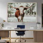 Texas Longhorn Wall Art Canvas Print | Framed Spotted Brown and White Bull