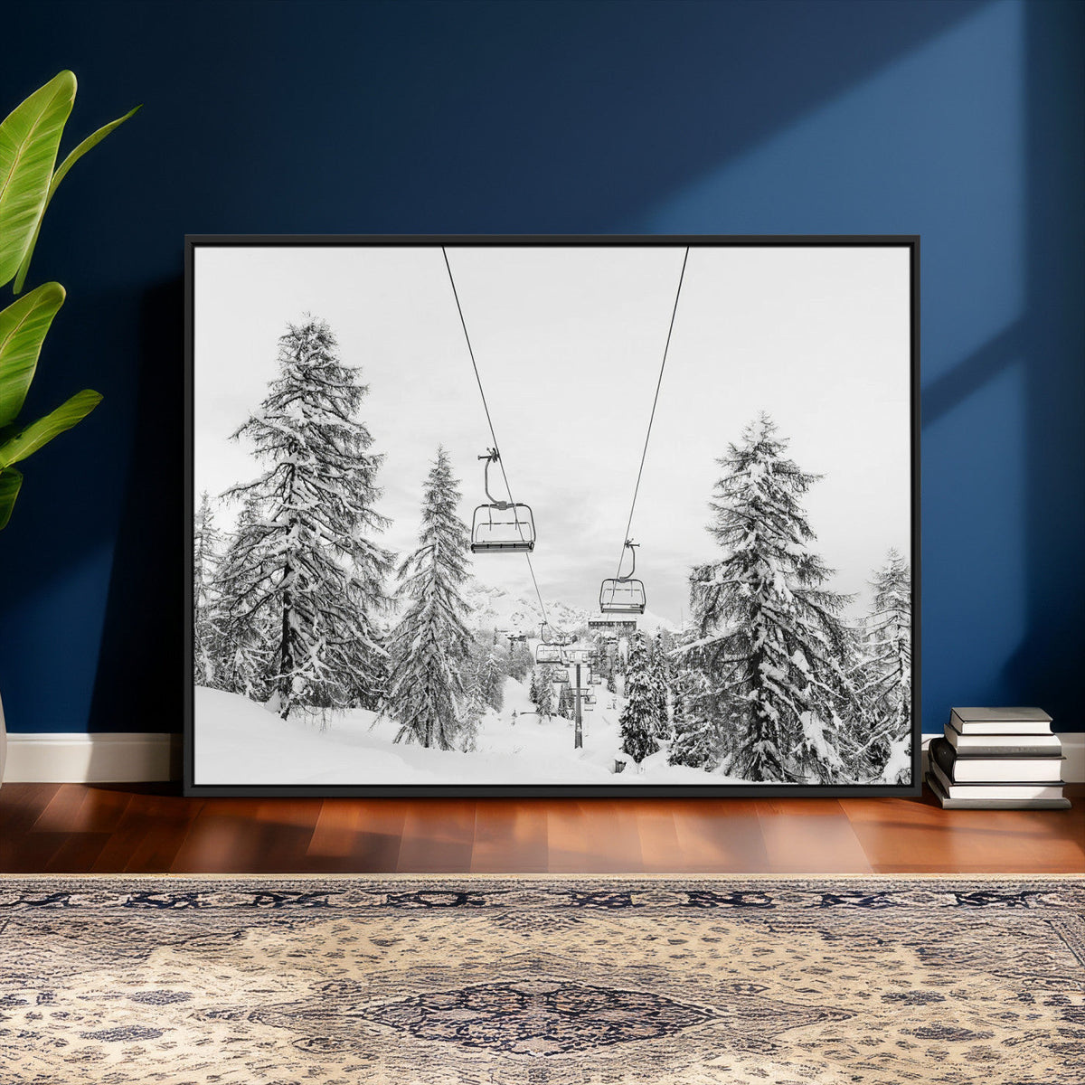 Snowy Ski Lift Wall Art | Framed Winter Forest Canvas