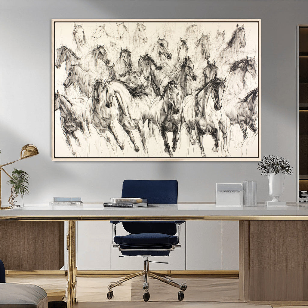 Abstract Horse Wall Art Canvas Print, Framed Horse Sketch with Galloping Herd