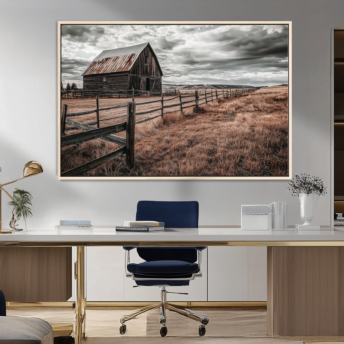 Rustic Barn Wall Art Canvas Print, Framed Moody Field Scene