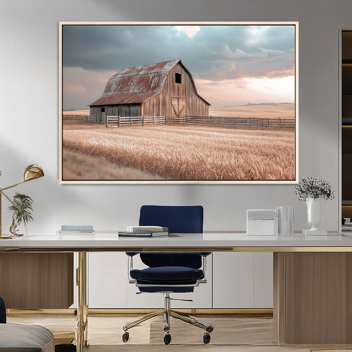 Rustic Barn Wall Art Canvas Print, Framed Wheat Field Scene