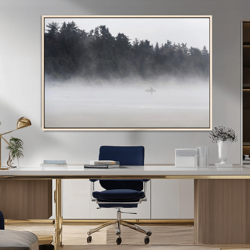 Surfer Fog Wall Art Canvas Print, Framed Foggy Beach and Coastal Surf Scene
